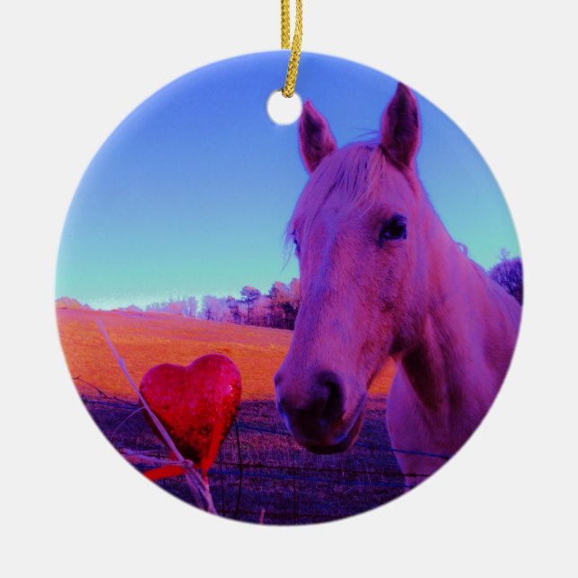 Brown Horse and Red Heart Ceramic Ornament (Front)