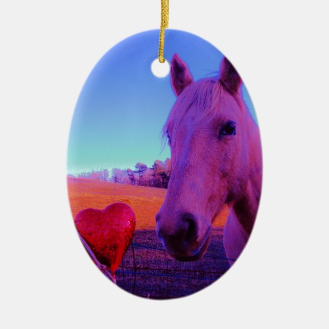 Brown Horse and Red Heart Ceramic Ornament (Front)