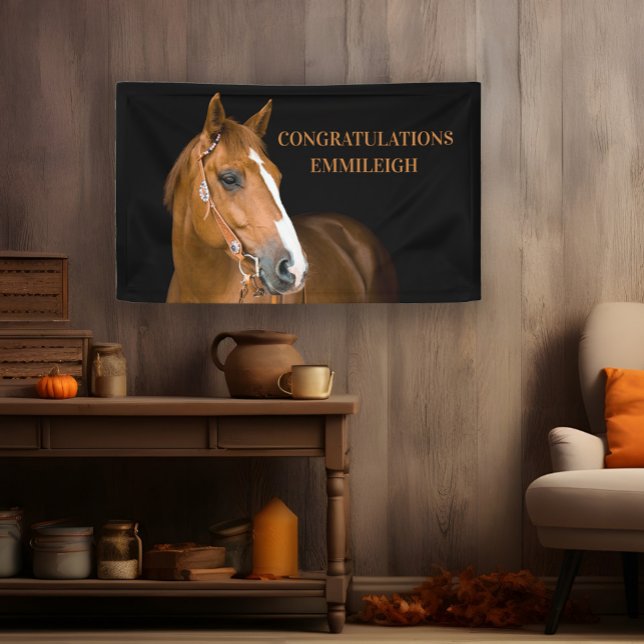Brown Horse Black Equestrian Congratulations Banner (Quarter-horse "Congratulations" banner.)