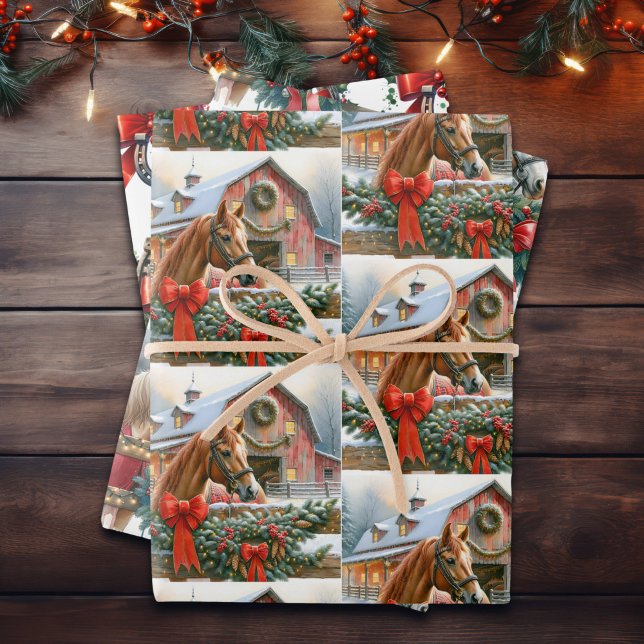 Brown Horse, Bows and Barns Rustic Christmas Wrapping Paper Sheets (Creator Uploaded)