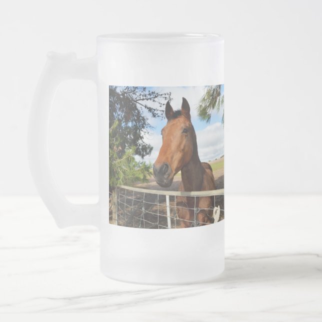 Brown Horse Called Tulip, Frosted Glass Beer Mug (Left)