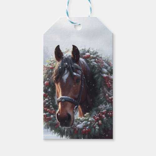 Brown Horse Christmas Wreath Snowy Pasture Gift Tags