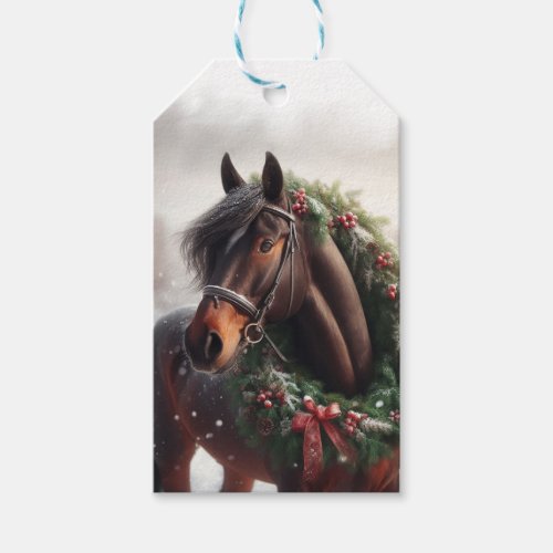 Brown Horse Christmas Wreath Snowy Pasture Gift Tags