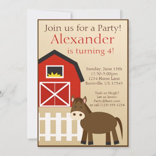 Brown Horse Farm Animal Birthday Party Invite
