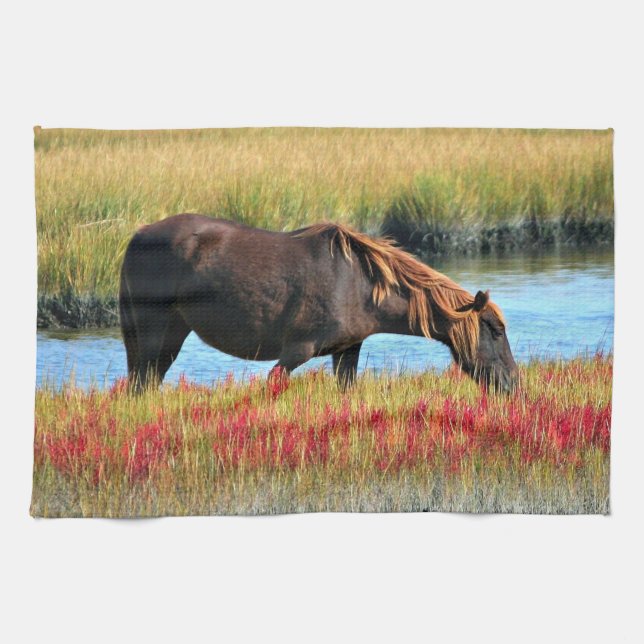 Brown Horse Grazing by Water Towel (Horizontal)
