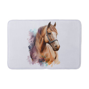 Brown Horse Head Portrait in Watercolor Bath Mat