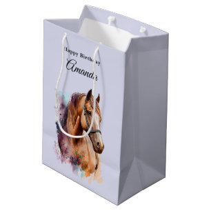 Brown Horse Head Portrait in Watercolor Birthday Medium Gift Bag