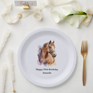 Brown Horse Head Portrait in Watercolor Birthday Paper Plates