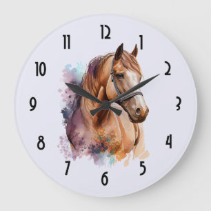 Brown Horse Head Portrait in Watercolor Large Clock