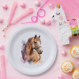 Brown Horse Head Portrait in Watercolor Paper Plates