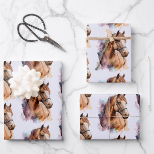 Brown Horse Head Portrait in Watercolor Pattern Wrapping Paper Sheets