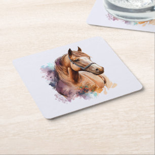 Brown Horse Head Portrait in Watercolor Square Paper Coaster