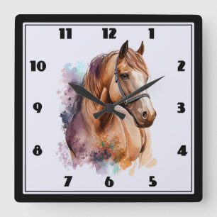 Brown Horse Head Portrait in Watercolor Square Wall Clock