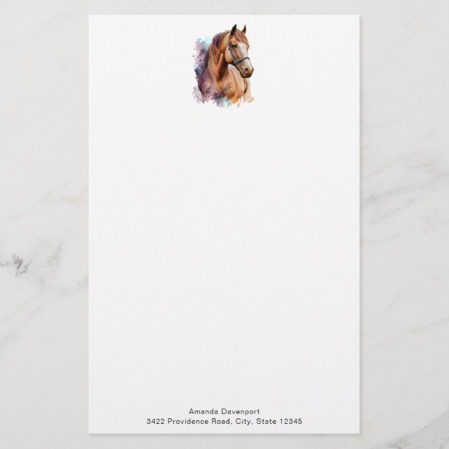 Brown Horse Head Portrait in Watercolor Stationery (Front)