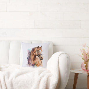 Brown Horse Head Portrait in Watercolor Throw Pillow