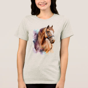 Brown Horse Head Portrait in Watercolor Tri-Blend Shirt