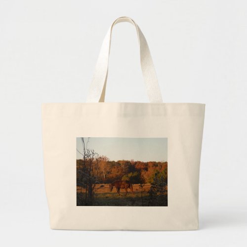 Brown horse in a Autumn feild Large Tote Bag