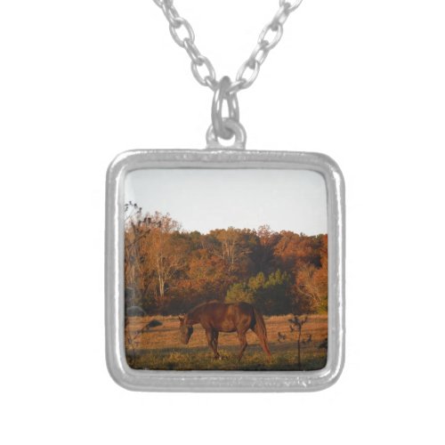 Brown horse in a Autumn feild Silver Plated Necklace