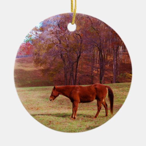 Brown horse in a grass field ceramic ornament