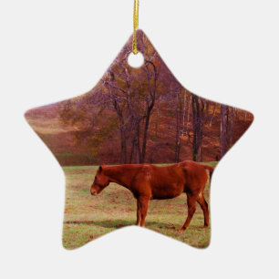 Brown horse in a grass field ceramic ornament