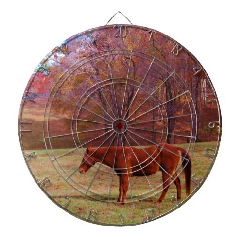 Brown horse in a grass field dartboard with darts