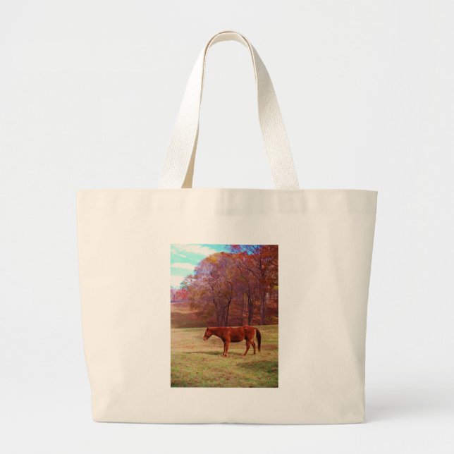 Brown horse in a grass field large tote bag (Front)