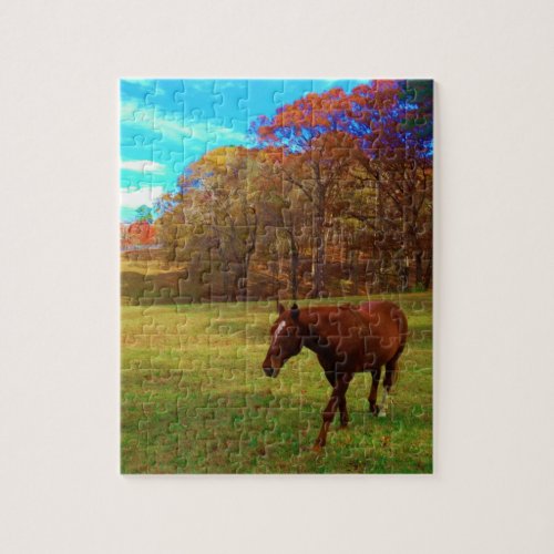 Brown Horse in a Rainbow colored field Jigsaw Puzzle