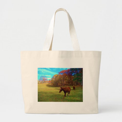 Brown Horse in a Rainbow colored field Large Tote Bag