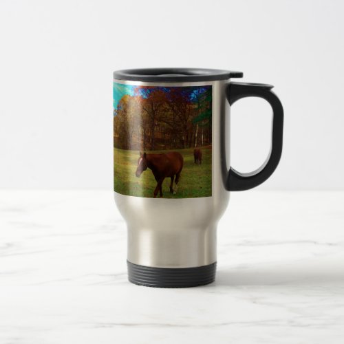 Brown Horse in a Rainbow colored field Travel Mug