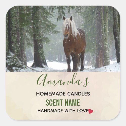 Brown Horse in a Winter Forest Photo Candle Square Sticker