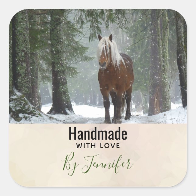 Brown Horse in a Winter Forest Square Sticker (Front)