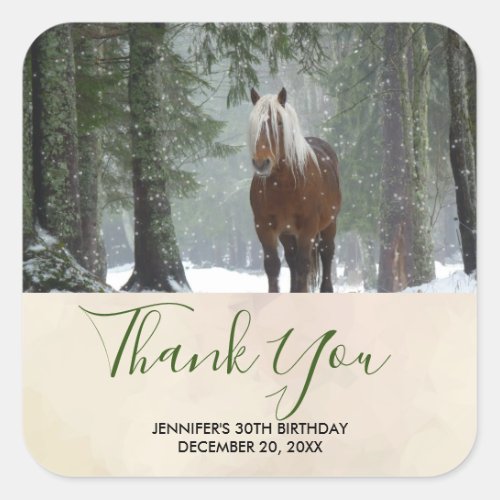 Brown Horse in a Winter Forest Thank You Square Sticker