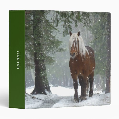 Brown Horse in a Winter Forest with Snow Falling 3 Ring Binder