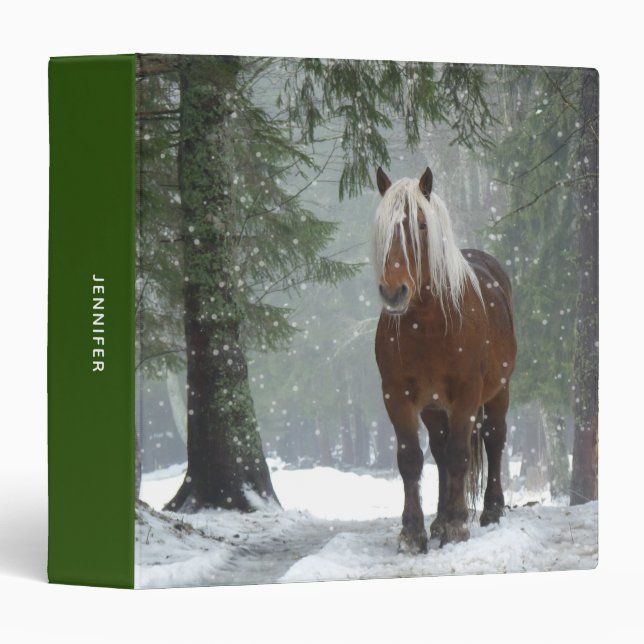 Brown Horse in a Winter Forest with Snow Falling 3 Ring Binder (Front/Spine)