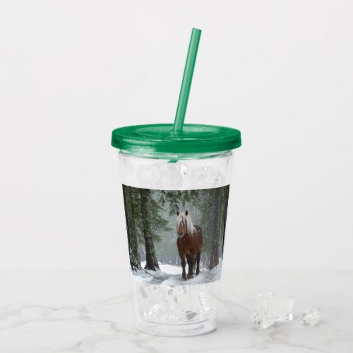 Brown Horse in a Winter Forest with Snow Falling Acrylic Tumbler