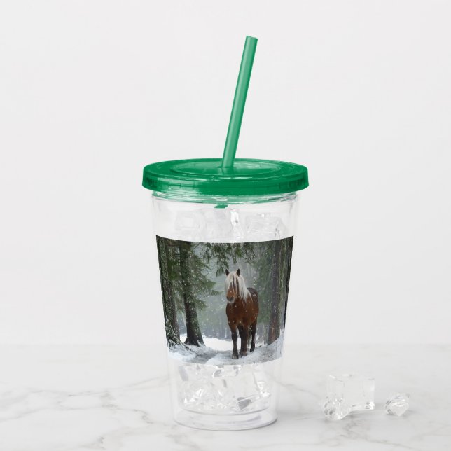 Brown Horse in a Winter Forest with Snow Falling Acrylic Tumbler (Back Ice)