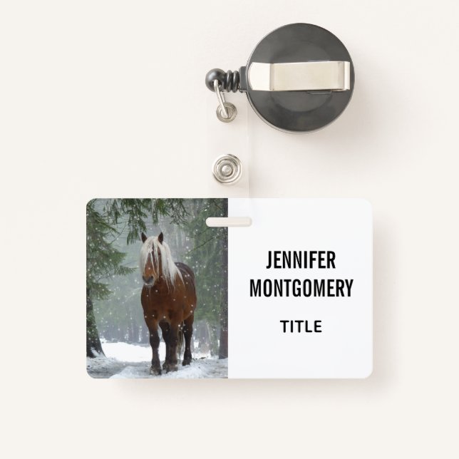 Brown Horse in a Winter Forest with Snow Falling Badge (Back with Retractable)