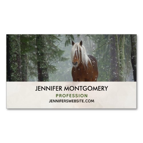 Brown Horse in a Winter Forest with Snow Falling Business Card Magnet