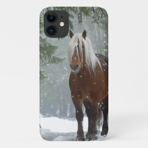 Brown Horse in a Winter Forest with Snow Falling iPhone 11 Case