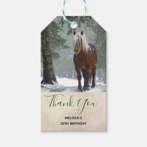 Brown Horse in a Winter Forest with Snow Falling Gift Tags