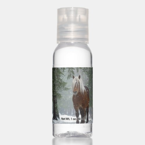 Brown Horse in a Winter Forest with Snow Falling Hand Sanitizer