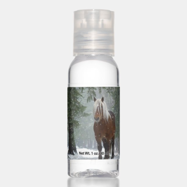 Brown Horse in a Winter Forest with Snow Falling Hand Sanitizer (Front)