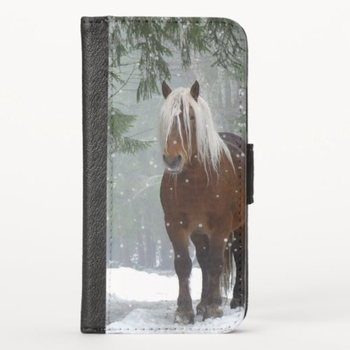 Brown Horse in a Winter Forest with Snow Falling iPhone X Wallet Case