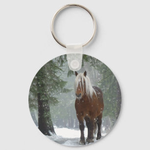 Brown Horse in a Winter Forest with Snow Falling Keychain