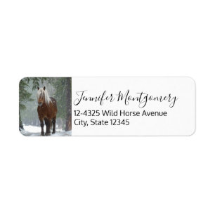 Brown Horse in a Winter Forest with Snow Falling Label
