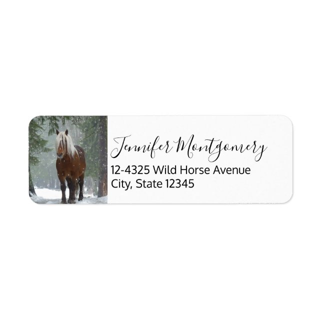 Brown Horse in a Winter Forest with Snow Falling Label (Front)