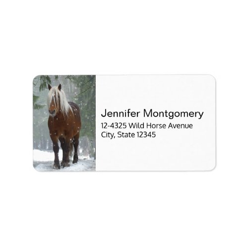 Brown Horse in a Winter Forest with Snow Falling Label