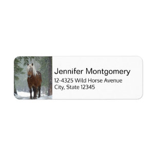 Brown Horse in a Winter Forest with Snow Falling Label