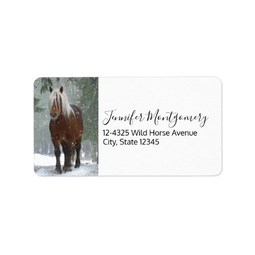 Brown Horse in a Winter Forest with Snow Falling Label