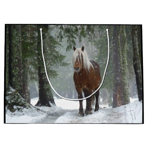 Brown Horse in a Winter Forest with Snow Falling Large Gift Bag